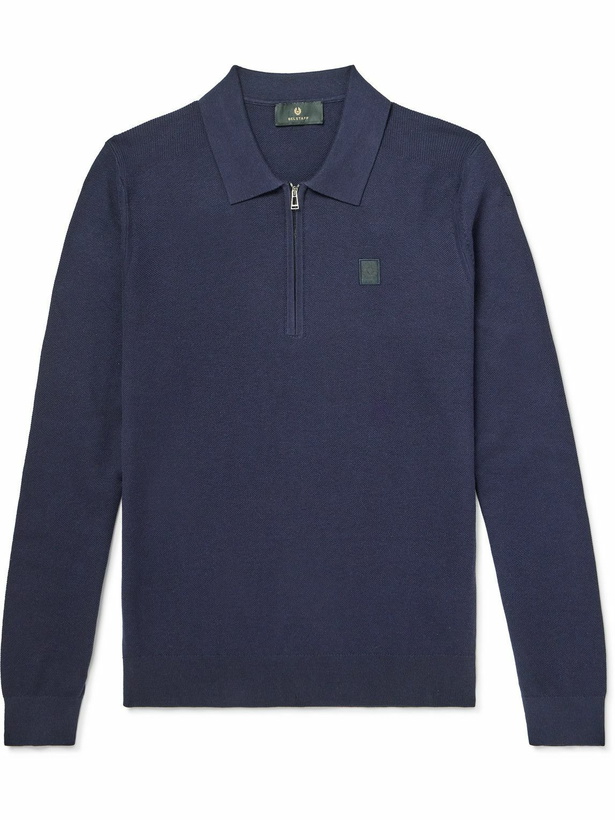 Photo: Belstaff - Drift Cotton and Silk-Blend Piqué Half-Zip Polo Shirt - Blue