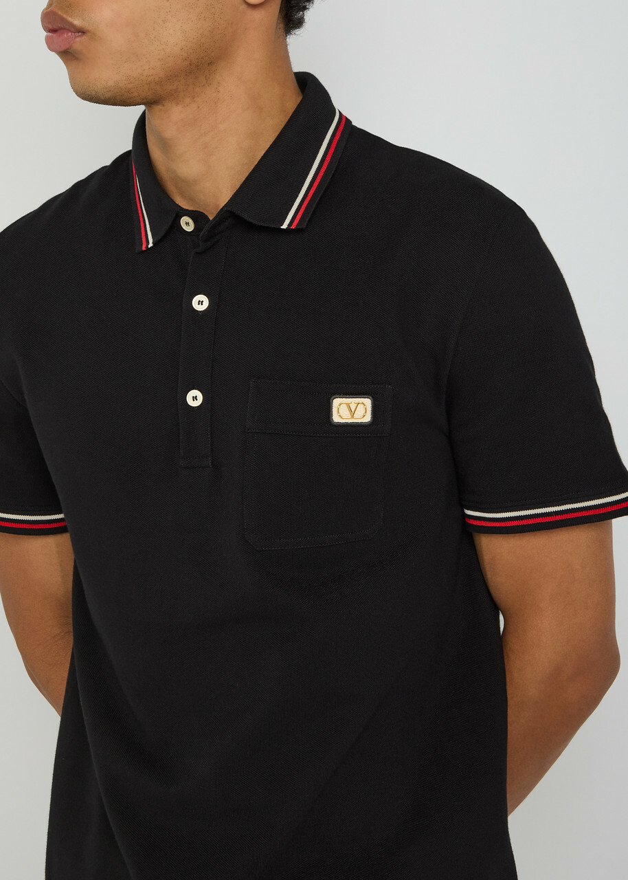 Valentino Garavani Striped Trims Cotton Polo Shirt Black