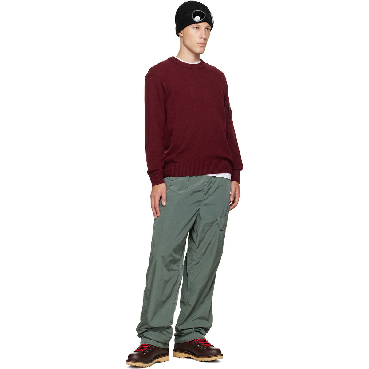 C.P. Company Burgundy Lambswool Lens Crewneck Contrast Sweater