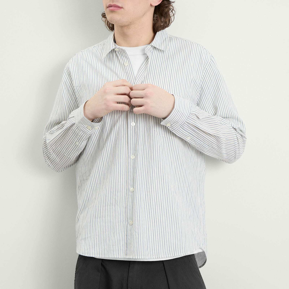 YMC Men's Curtis Stripe Shirt in Natural/Navy