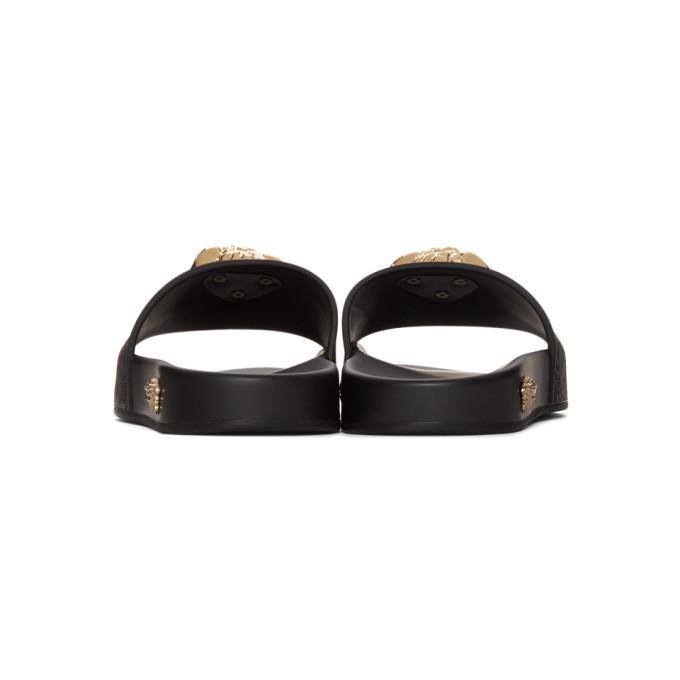Versace “SALE” Black Velour Terry Cloth Slide Sandals w Gold Medusa Embroidery Versace Black and Gold Medusa Slides Versace main image 2
