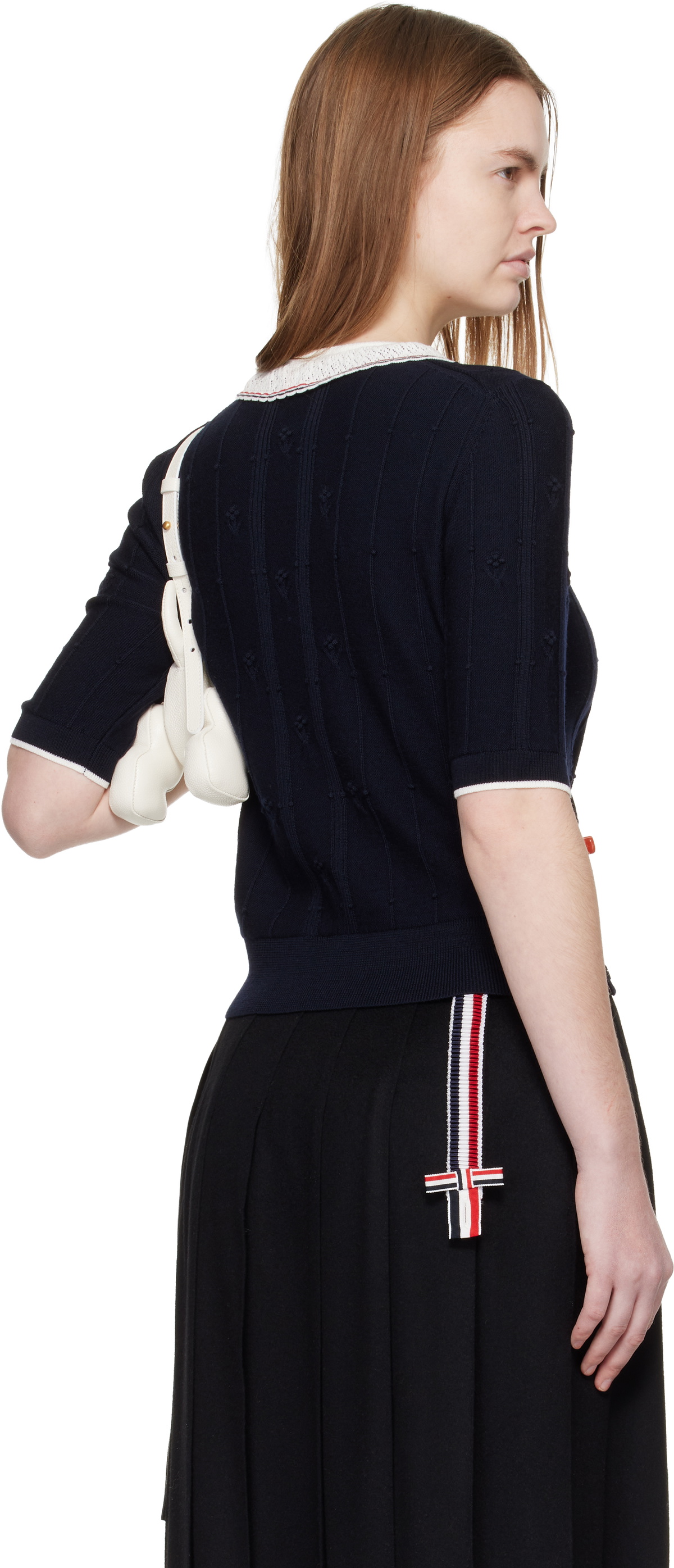 Thom Browne Navy Bobble Stitch Short Sleeve Sweater