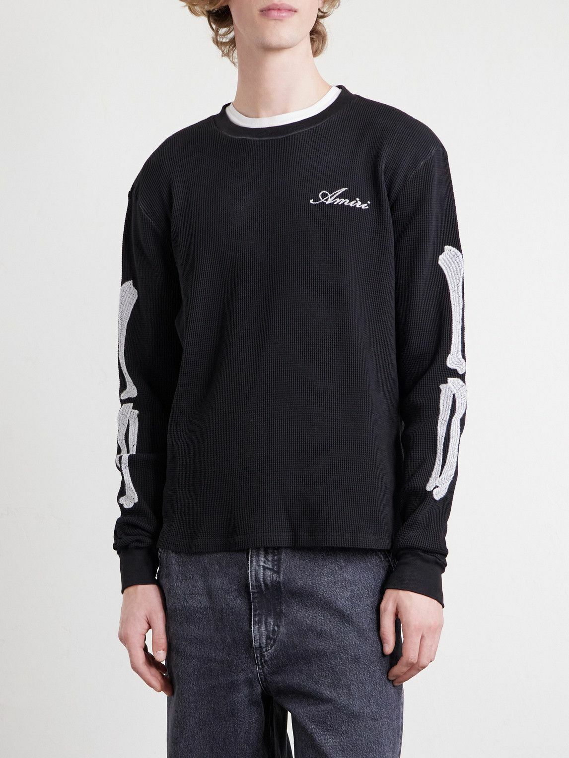 AMIRI - Bones Logo-Embroidered Waffle-Knit Cotton T-Shirt - Black
