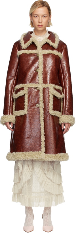 Photo: Anna Sui Brown Curly Lamb Trim Faux-Leather Coat
