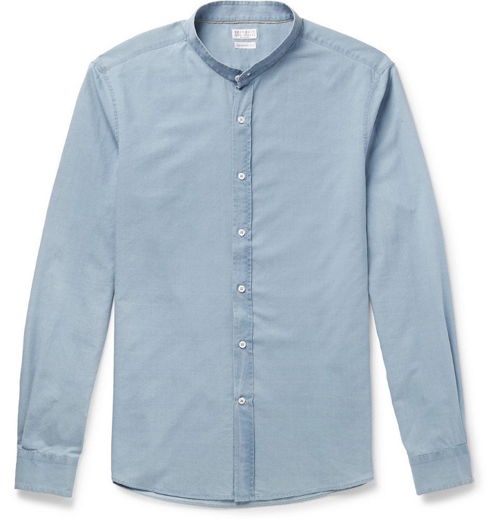 Photo: Brunello Cucinelli - Grandad-Collar Cotton-Chambray Shirt - Men - Light blue