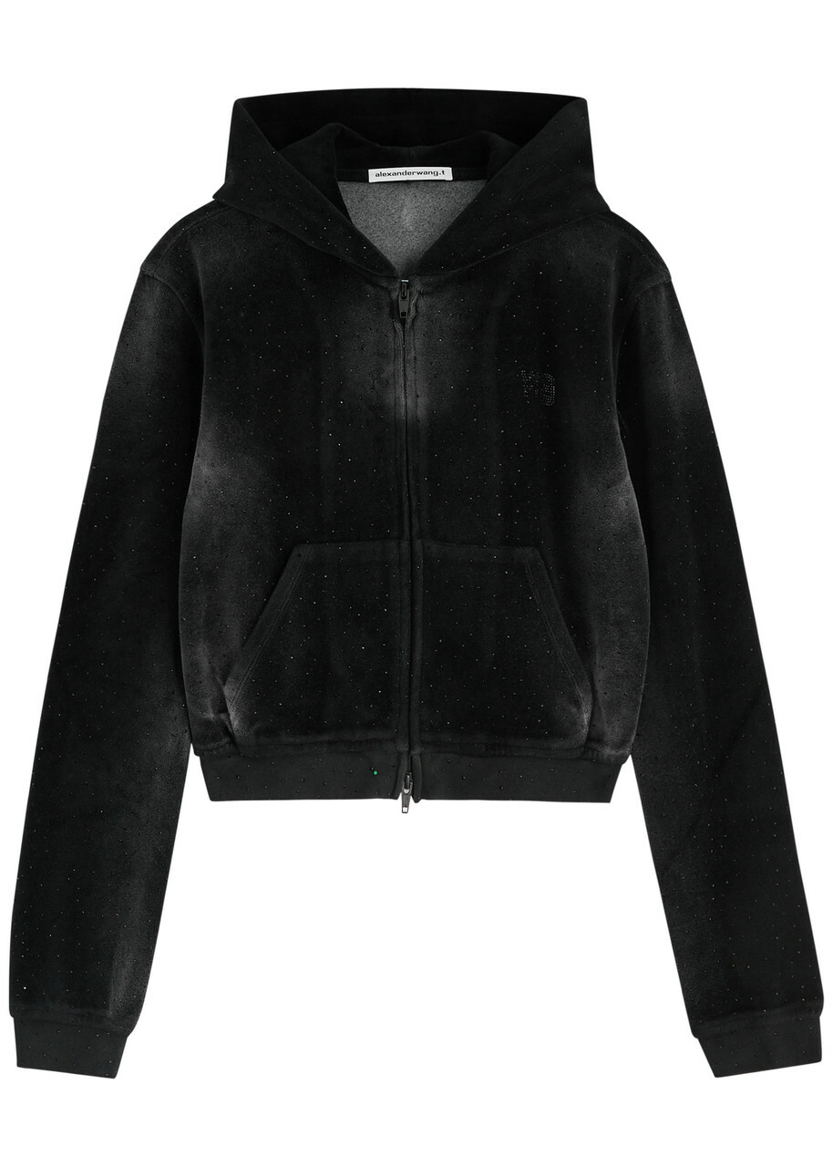 Alexanderwang.t Faded Crystal-embellished Hooded Velour Sweatshirt Black