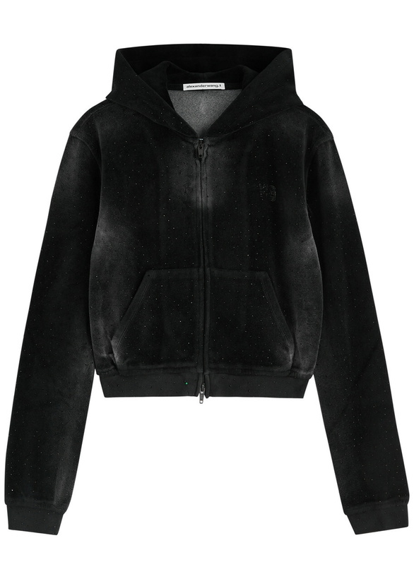 Photo: Alexanderwang.t Faded Crystal-embellished Hooded Velour Sweatshirt Black