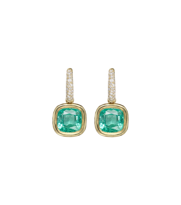 Photo: Octavia Elizabeth 18kt gold huggie earrings with emeralds and diamonds