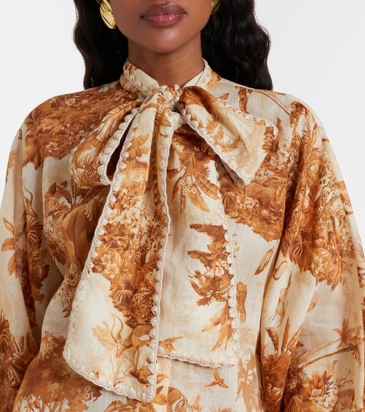 Zimmermann Indra printed tie-neck ramie blouse