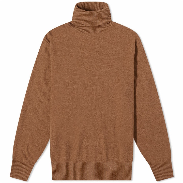 Photo: Universal Works Men's Recycled Wool Roll Neck Knit in Camel