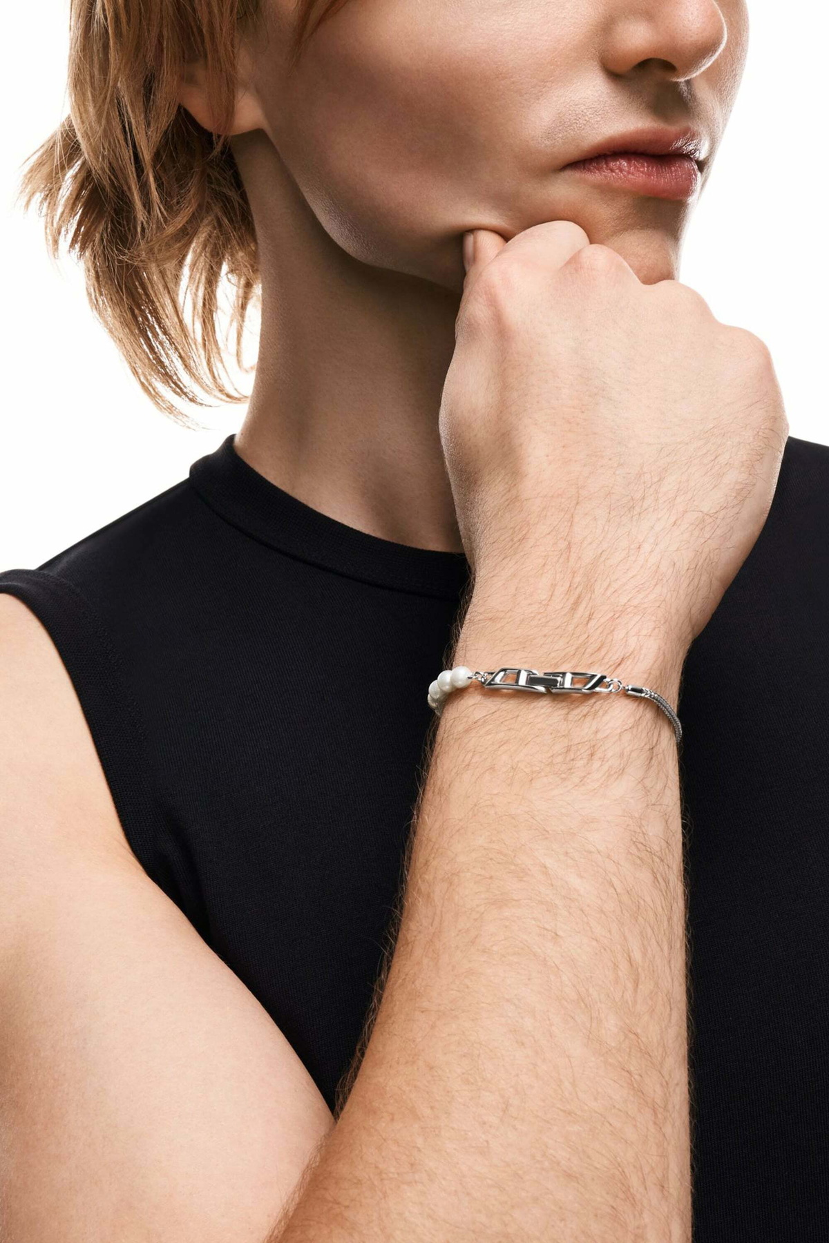 Diesel Sterling silver chain and pearl bracelet - Bracelets - Unisex - Silver