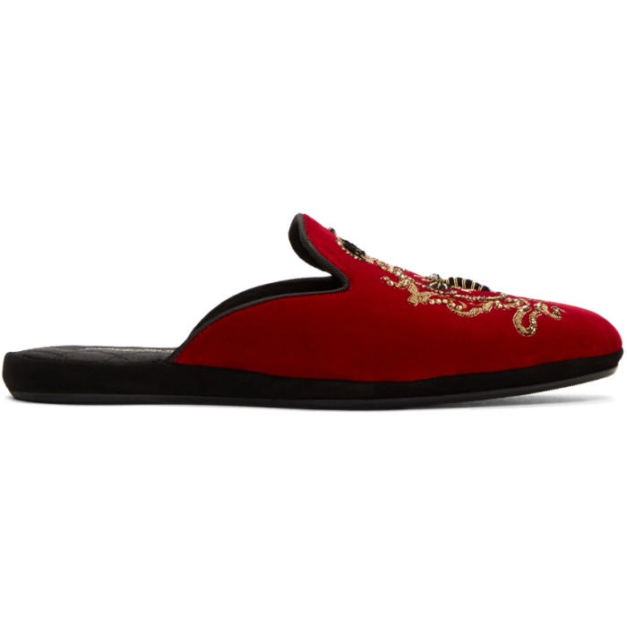 Photo: Dolce and Gabbana Red Embroidered Velvet Slippers