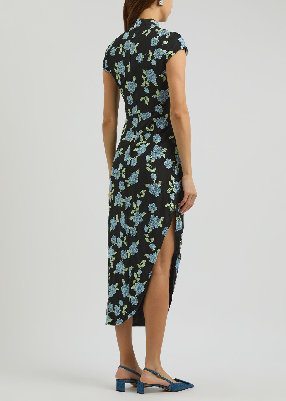 Rotate Sunday Floral-embroidered Tulle Midi Dress Black