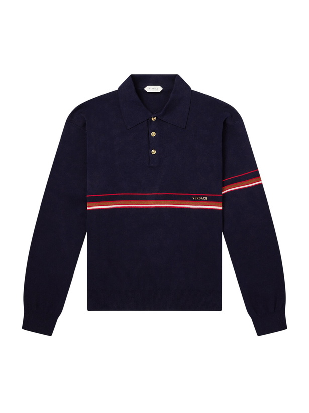 Photo: Versace - Logo-Embroidered Striped Cotton Polo Sweater - Blue