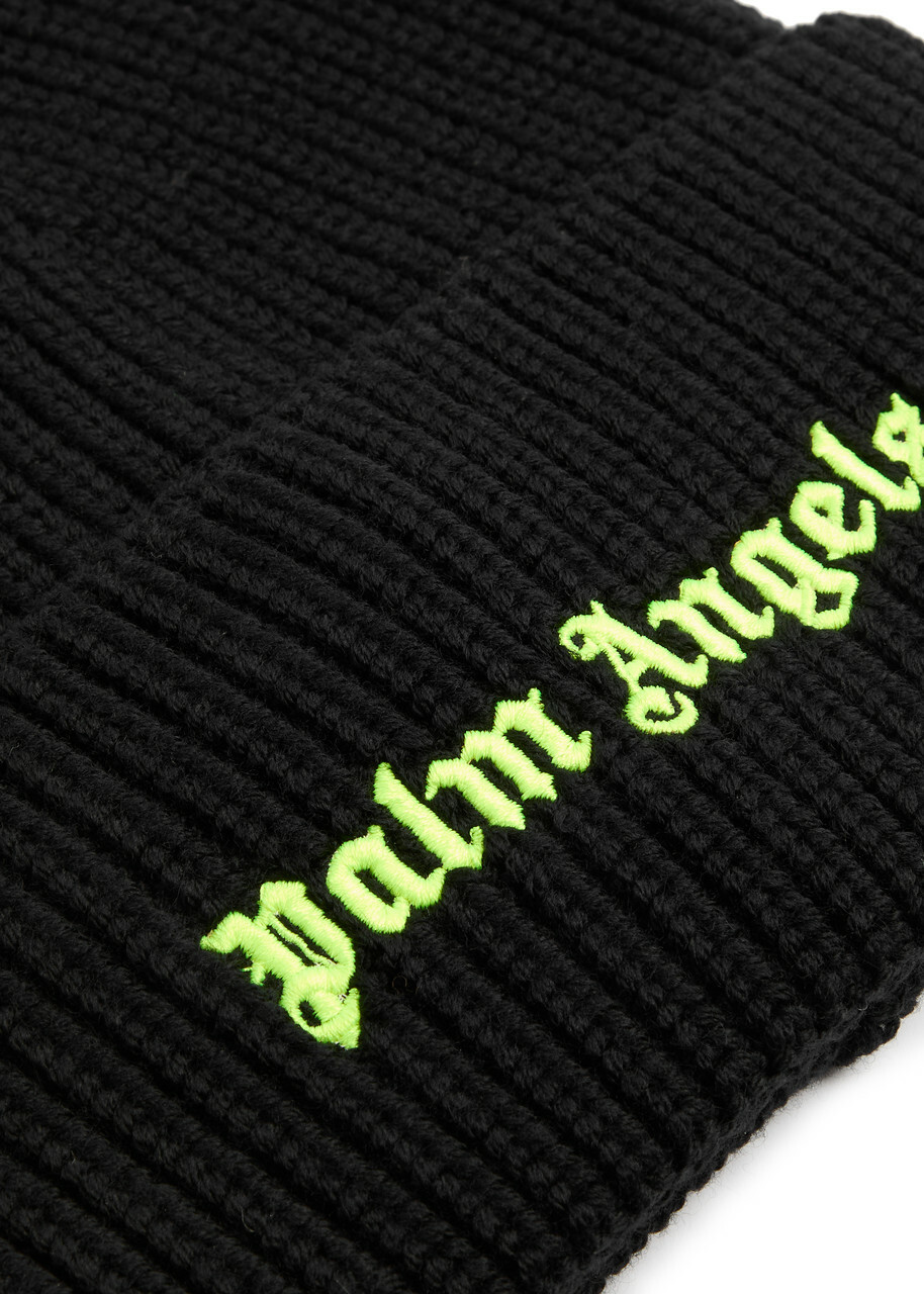 Palm Angels Logo Embroidered Wool Beanie - Black - One Size