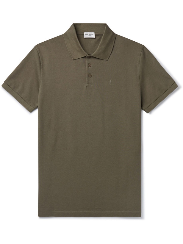 Photo: SAINT LAURENT - Slim-Fit Logo-Embroidered Cotton-Piqué Polo Shirt - Green