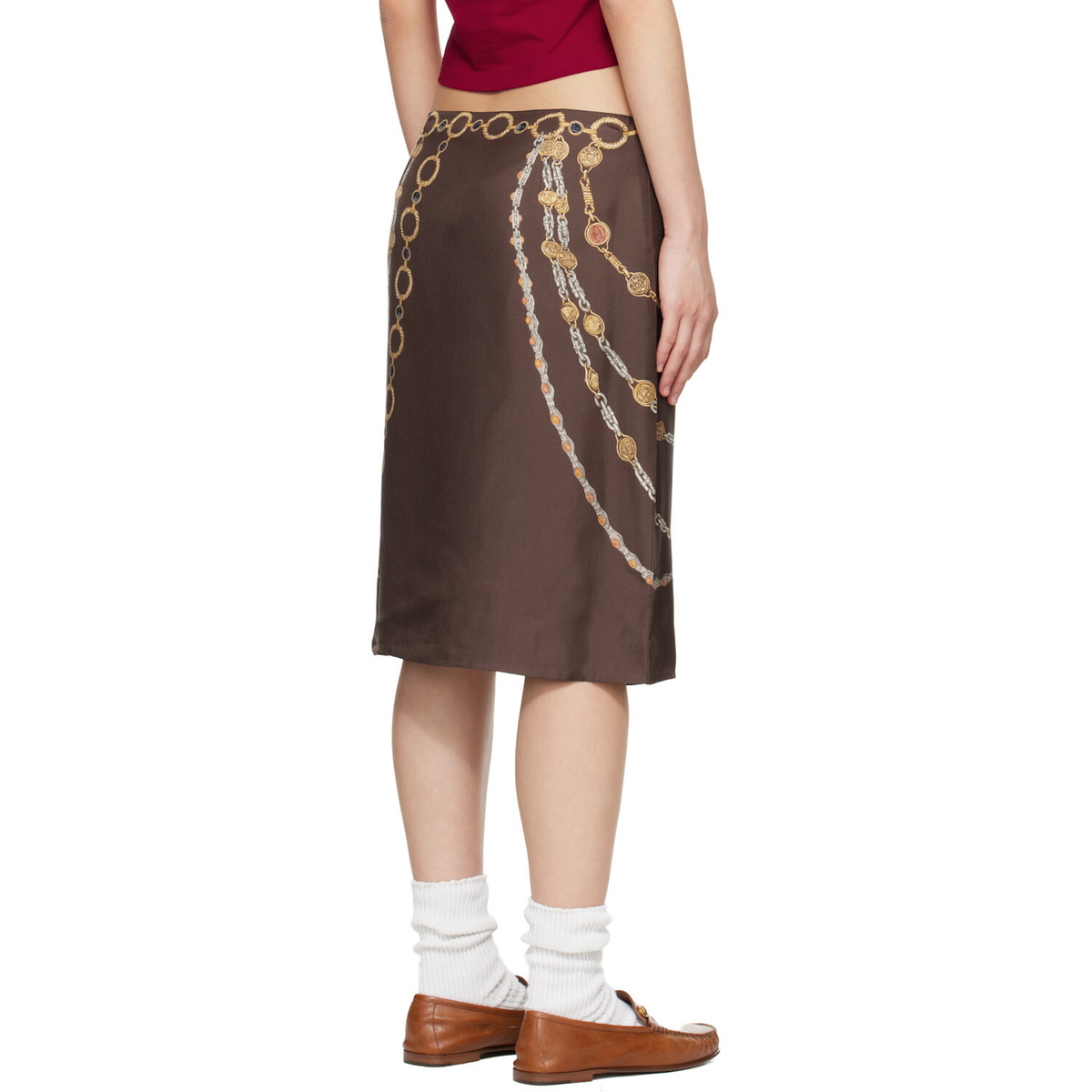 Versace Brown Printed Silk Twill Pencil MIdi Skirt