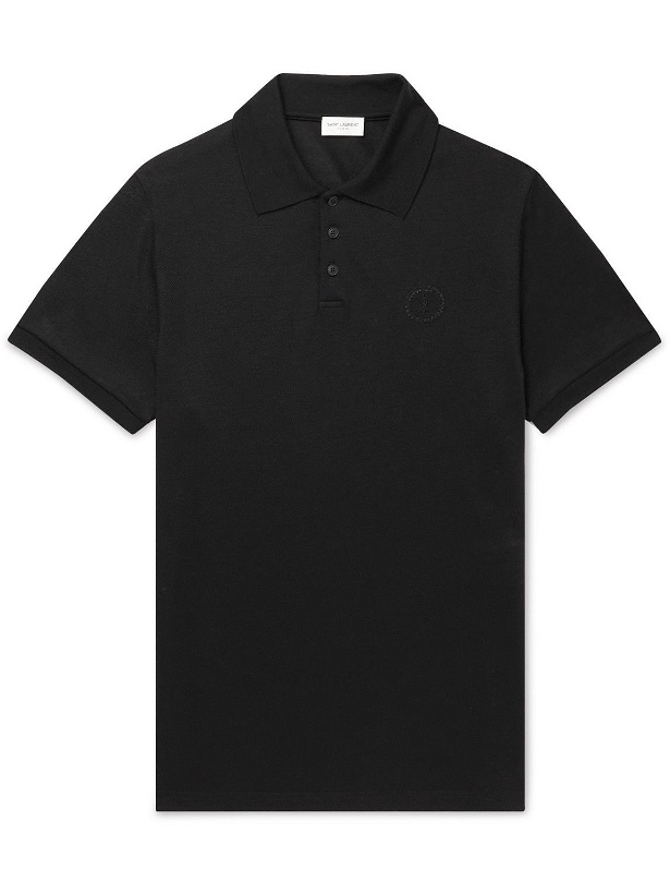 Photo: SAINT LAURENT - Slim-Fit Logo-Embroidered Wool-Piqué Polo Shirt - Black