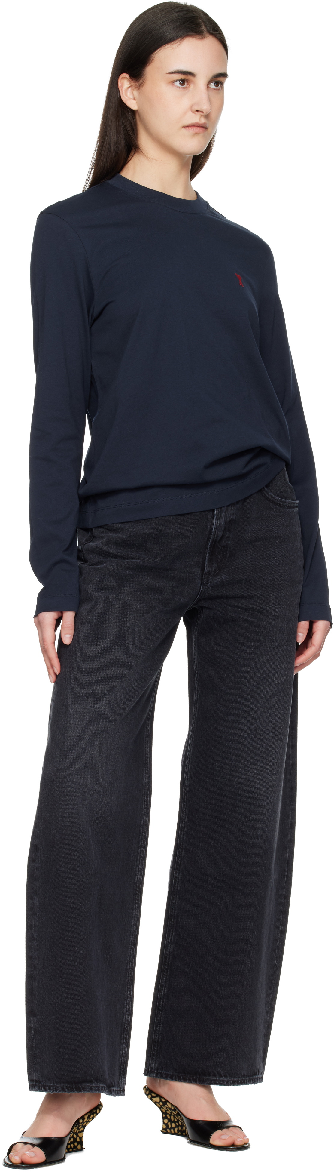 AMI Paris Navy Cotton Ami de Coeur Long Sleeves T-shirt