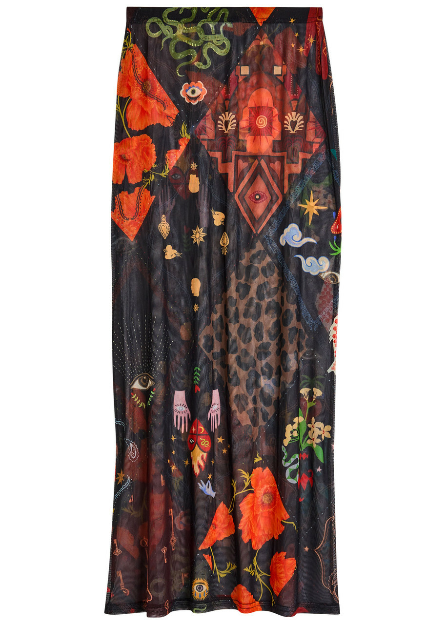 Never Fully Dressed Dorris Printed Mesh Midi Skirt Black
