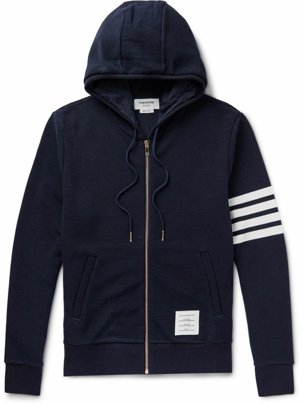 Photo: Thom Browne - Striped Ribbed Cotton-Jersey Zip-Up Hoodie - Blue