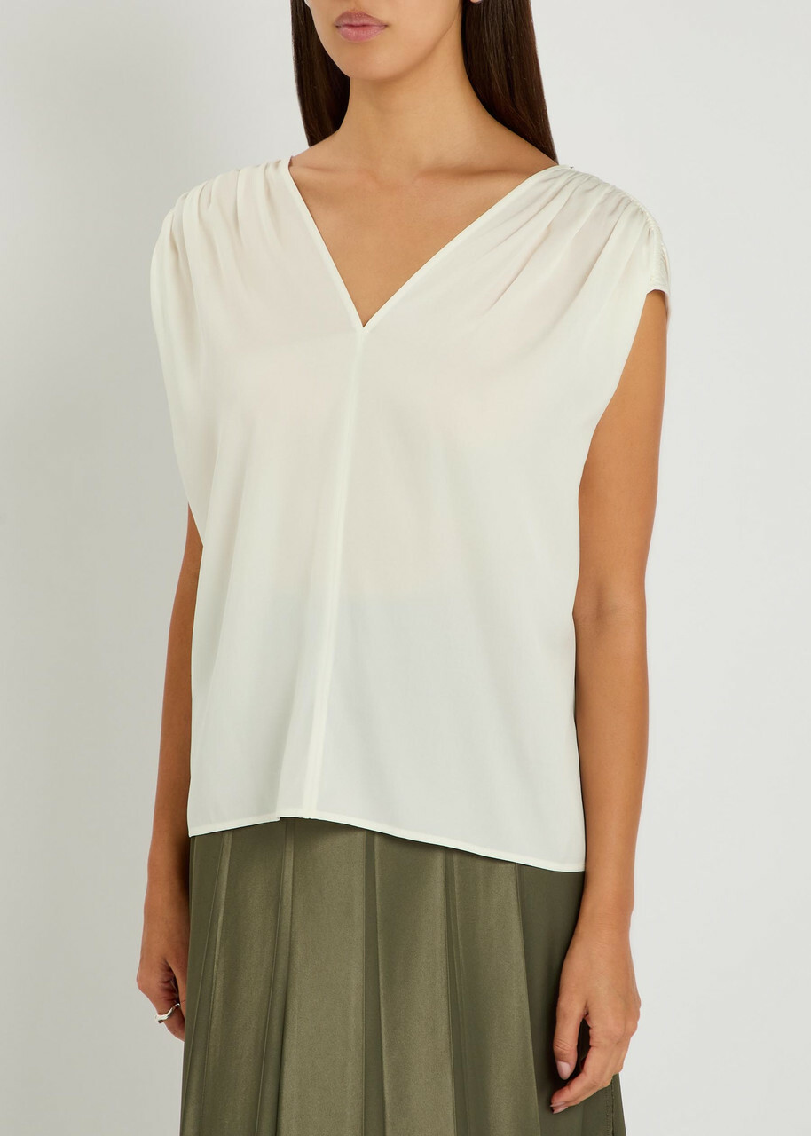 Vince Gathered Stretch-silk Blouse Off White