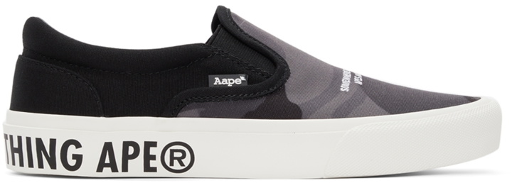Photo: AAPE by A Bathing Ape Black & Grey Camo Slip-On Sneakers