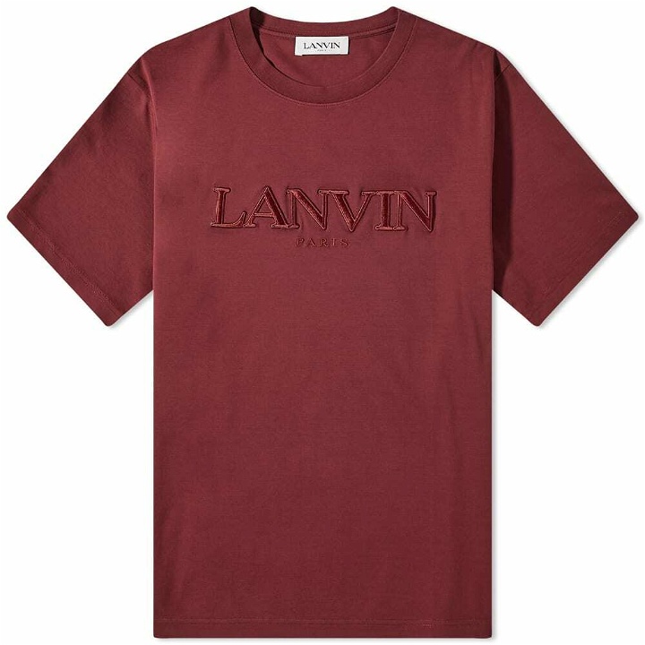 Photo: Lanvin Men's Tonal Embroidered Logo T-Shirt in Burgundy