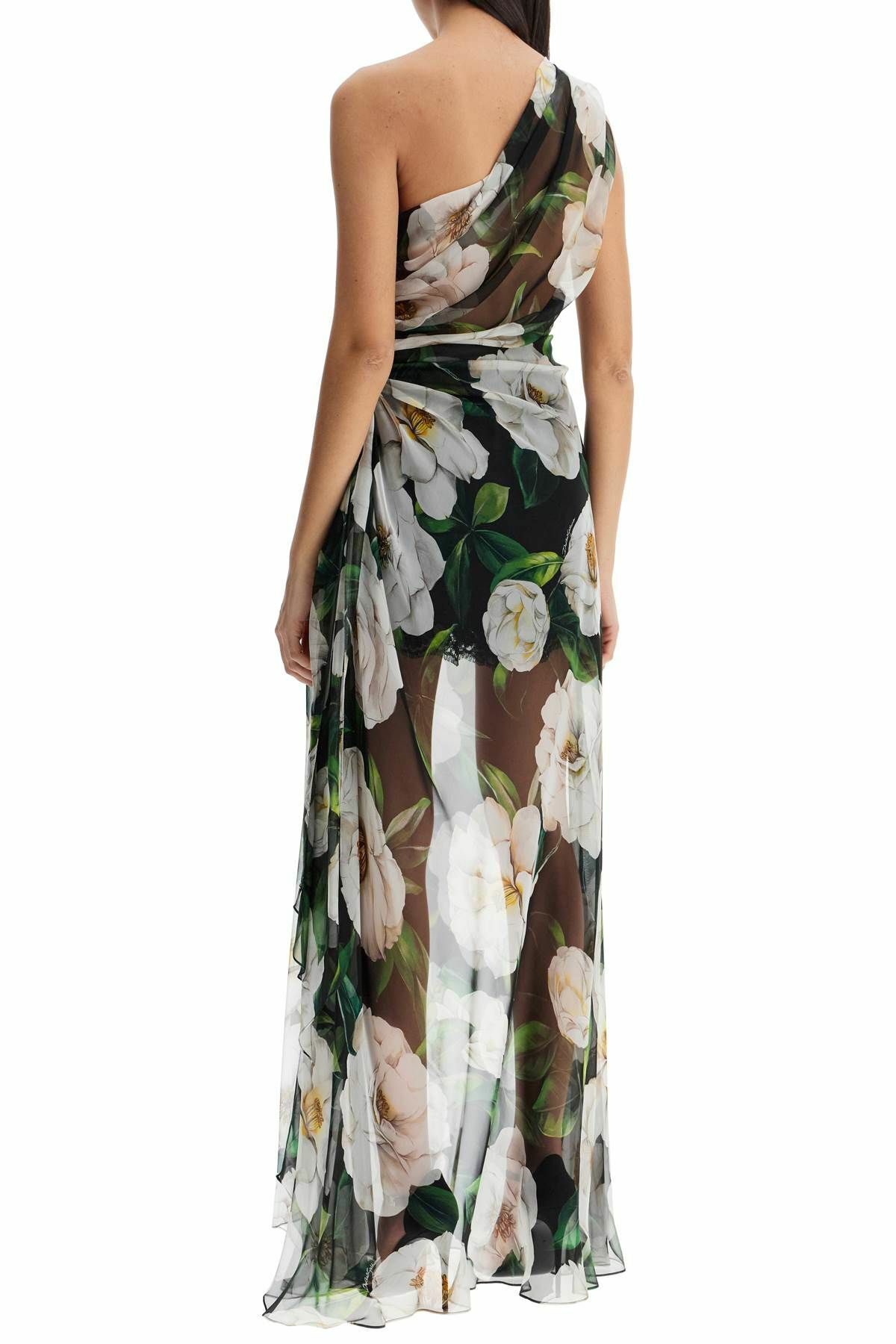 DOLCE & GABBANA long one-shoulder floral silk dress Black