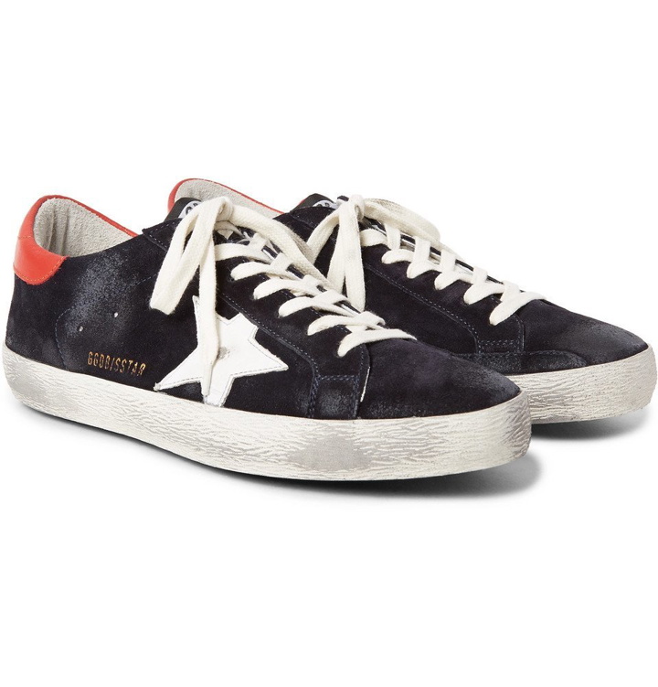 Photo: Golden Goose Deluxe Brand - Superstar Distressed Leather and Suede Sneakers - Men - Midnight blue