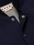 Marni - Logo-Appliquéd Striped Leather-Panelled Knitted Bomber Jacket - Blue
