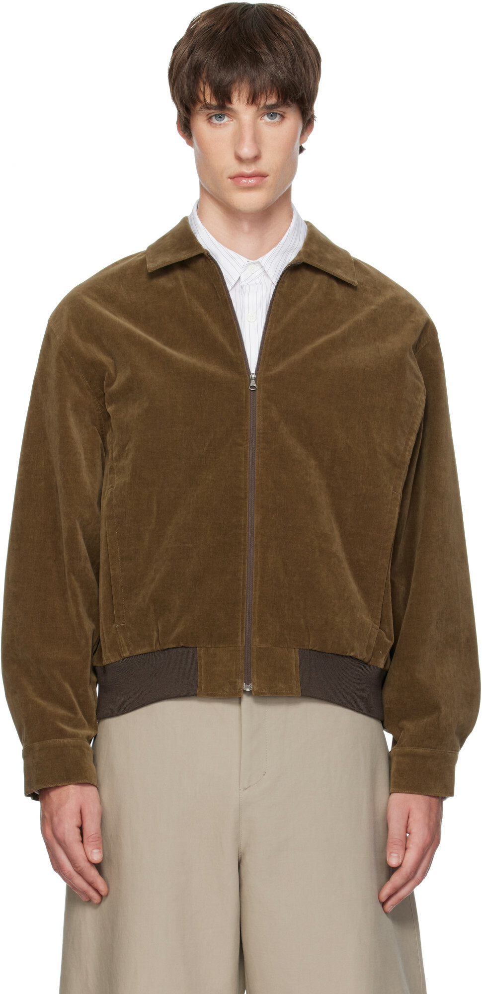 AMOMENTO Khaki Velvet Zip-Up Bomber Jacket