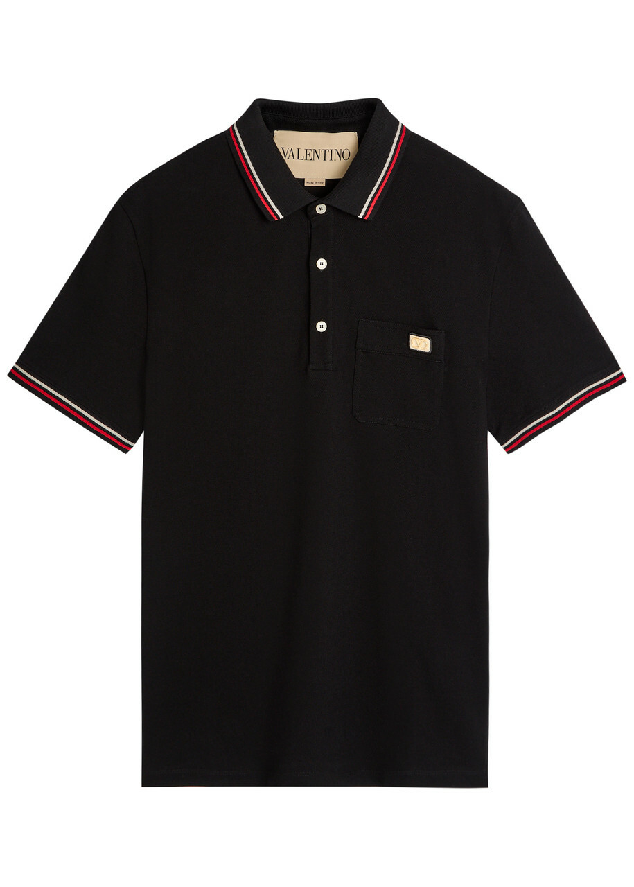 Valentino Garavani Striped Trims Cotton Polo Shirt Black