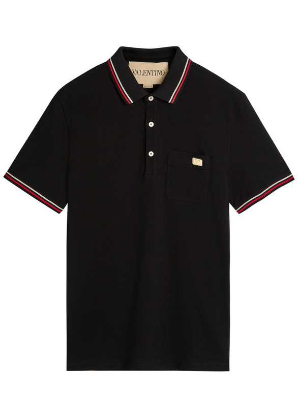 Photo: Valentino Garavani Striped Trims Cotton Polo Shirt Black