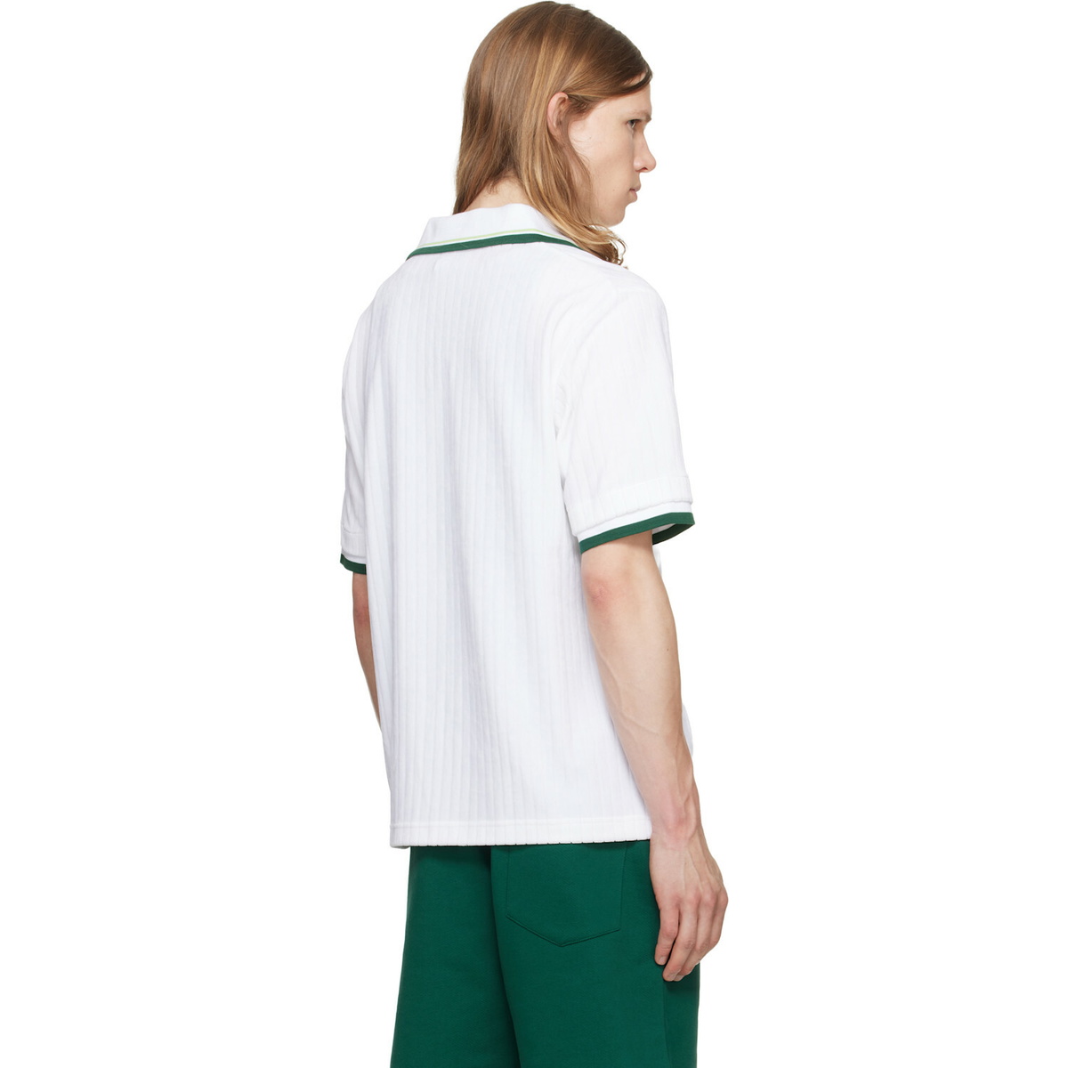 Casablanca White Striped Velour Zip‑Up Short Sleeve Shirt
