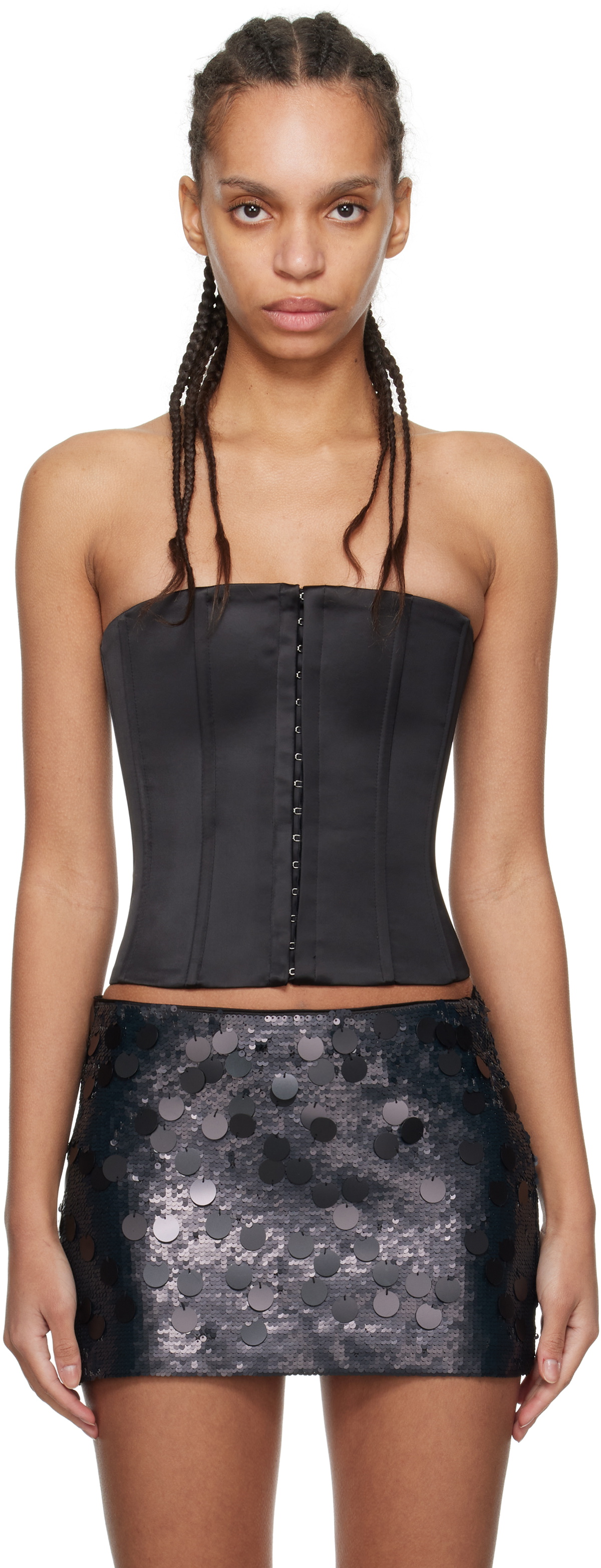 GUIZIO Black Satin Corset Top