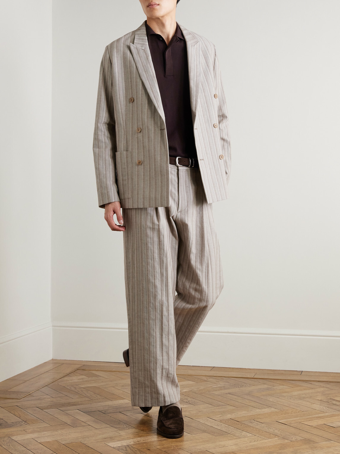 NN07 - Jordin 10058 Double-Breasted Striped Cotton-Blend Herringbone Blazer - Brown