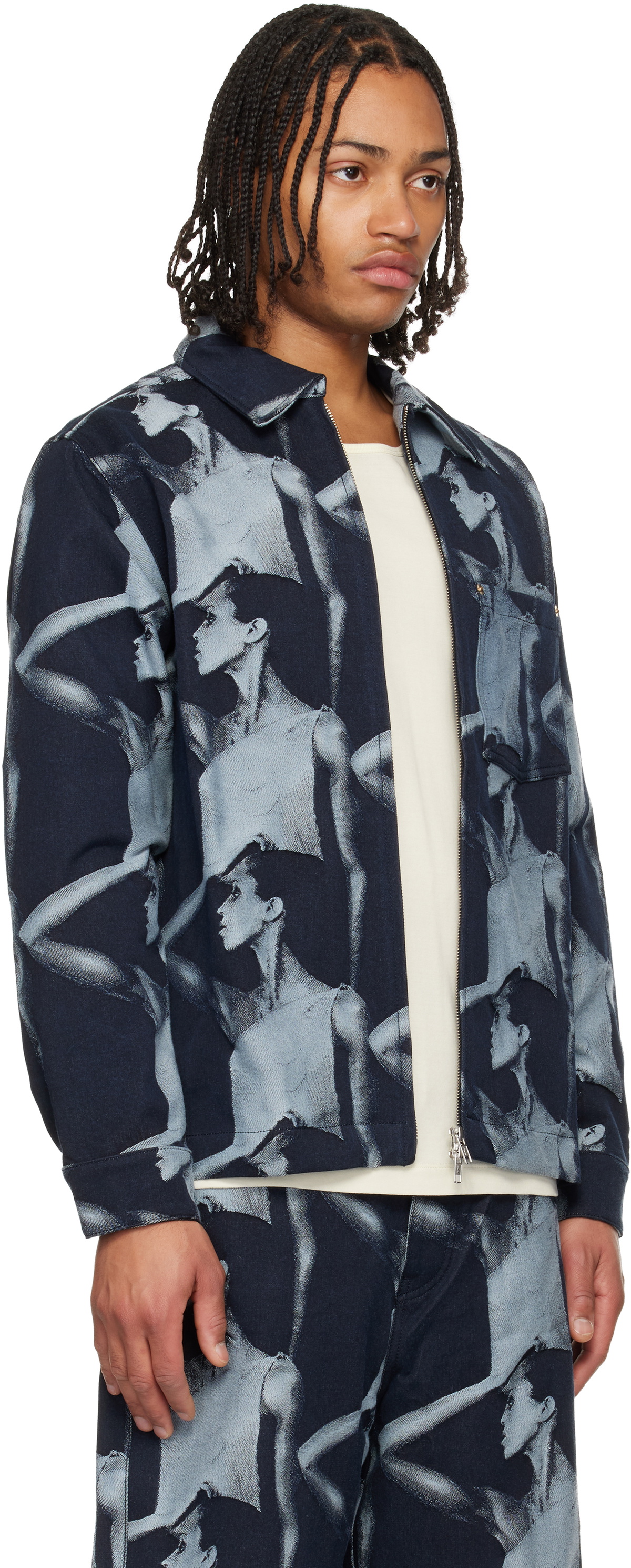 Wales Bonner Navy Theaster Gates Edition 'The Jet Zip' Denim Jacket