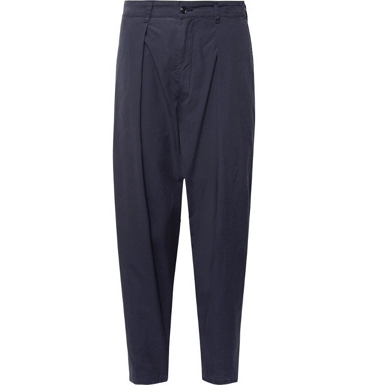 Photo: Monitaly - Tapered Pleated Brushed-Cotton Trousers - Navy