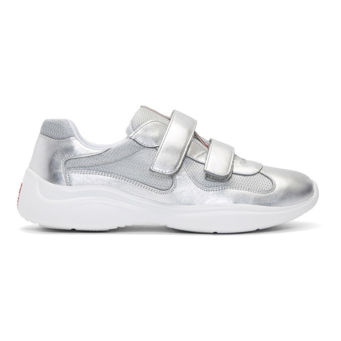 Photo: Prada Silver Leather and Mesh Straps Sneakers