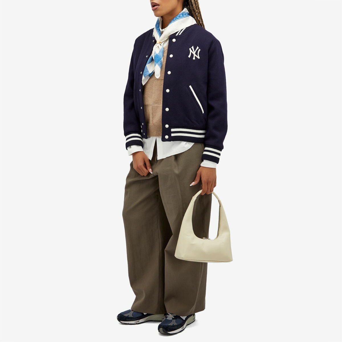 Sporty & Rich Women's Yankees Serif Varsity Jacket in Navy