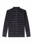 424 - HOORSENBUHS Embroidered Striped Cotton-Blend Flannel Shirt - Black