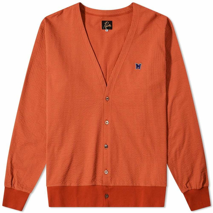 Photo: Needles Men's Seersucker Jersey Cardigan in Orange