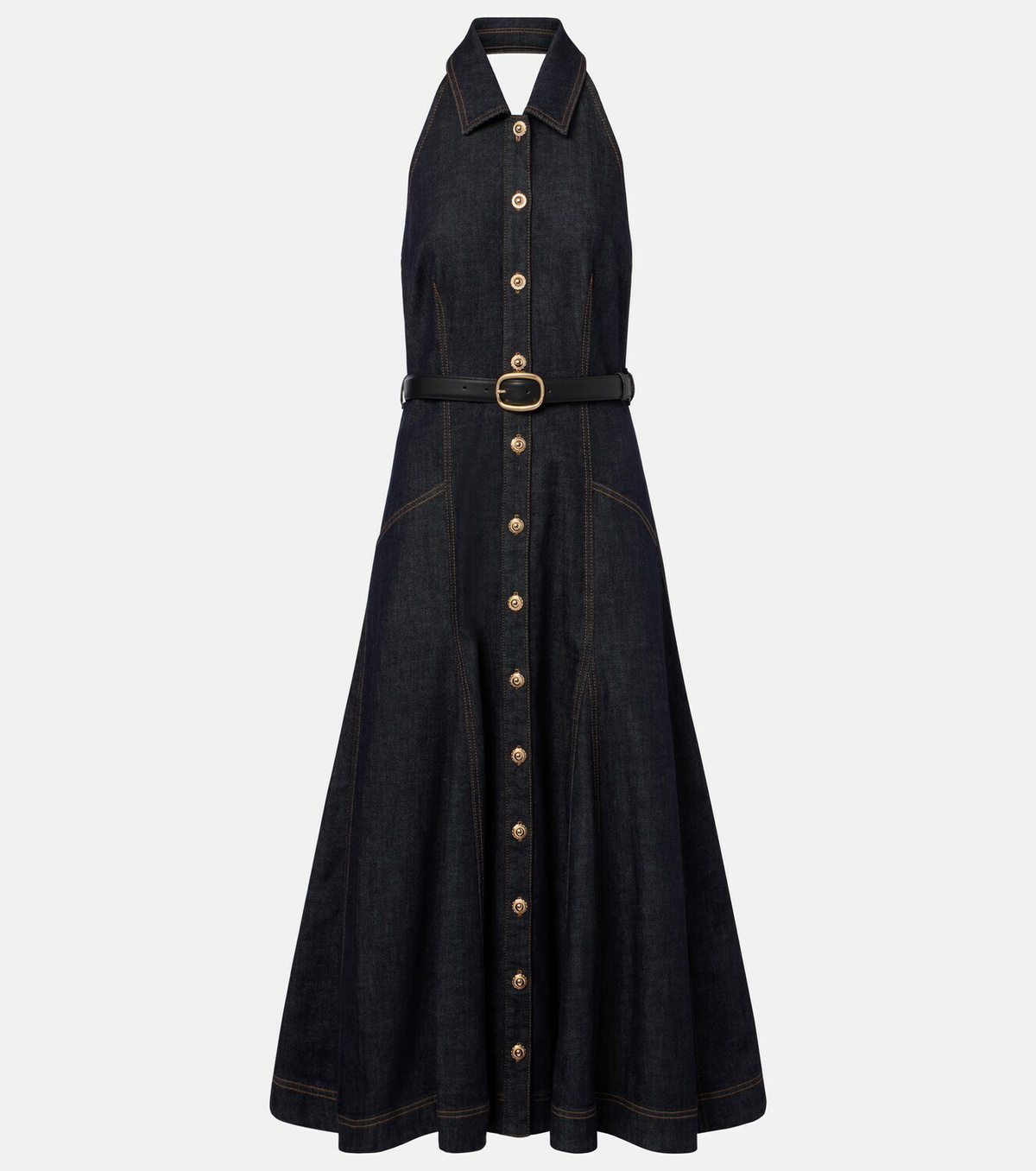 Self-Portrait Halterneck denim midi dress