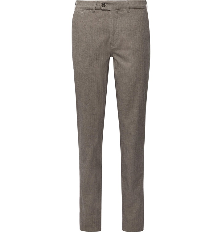 Photo: Canali - Navy Slim-Fit Herringbone Stretch-Cotton Trousers - Gray