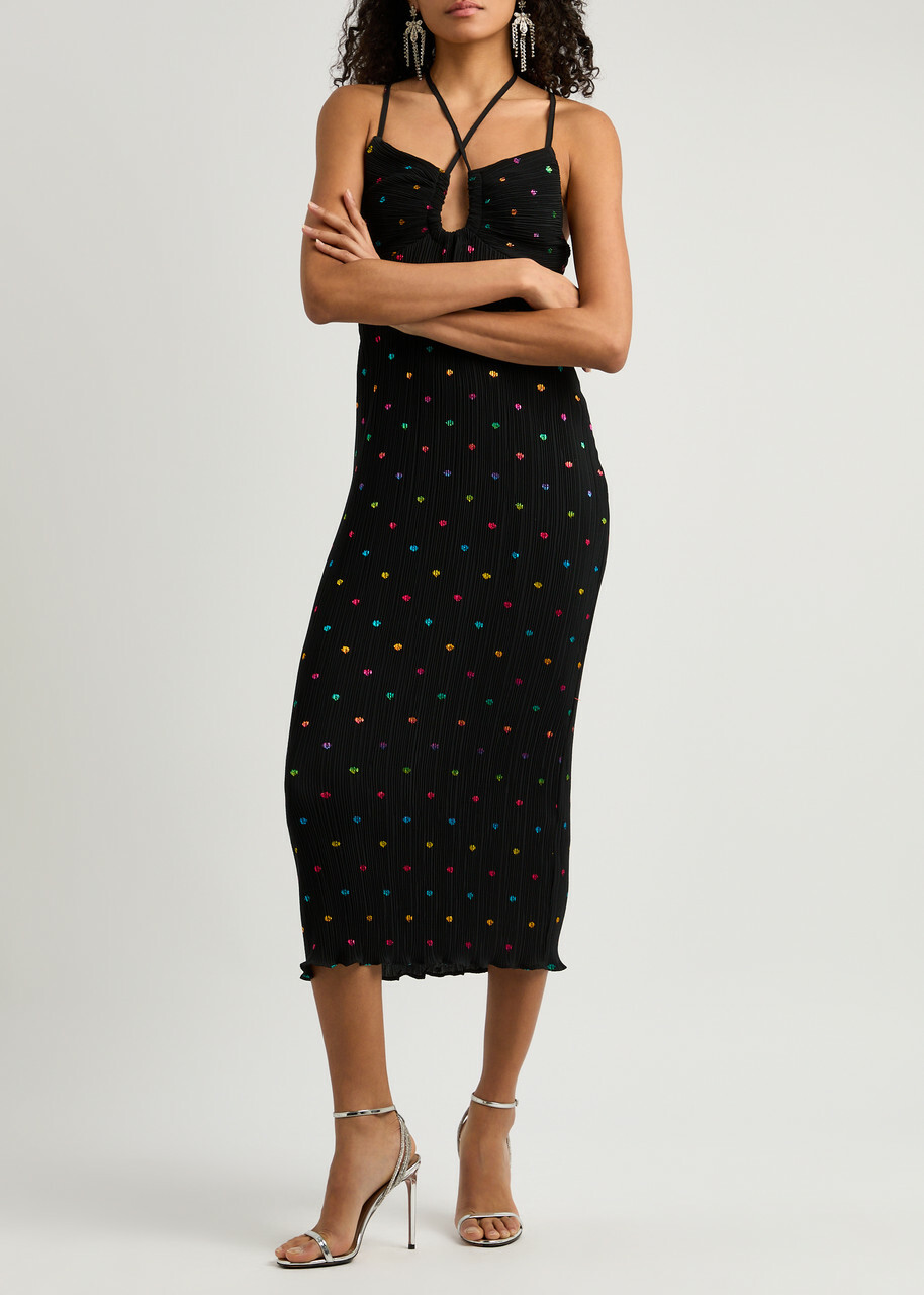 Never Fully Dressed Megan Plissé Printed Chiffon Midi Dress Black