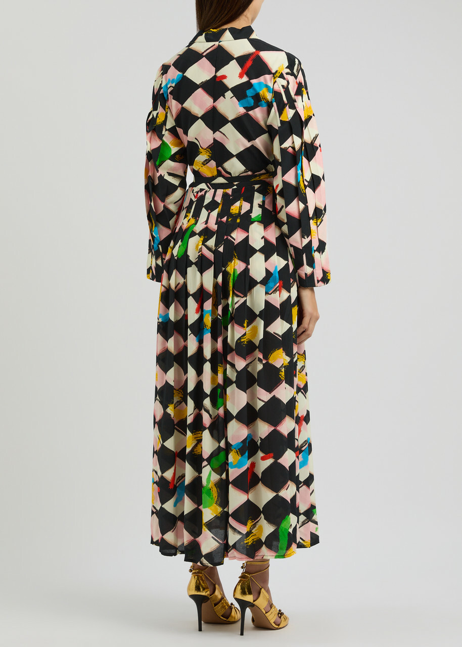 Lovebirds Printed Belted Silk Midi Shirt Dress Multicoloured