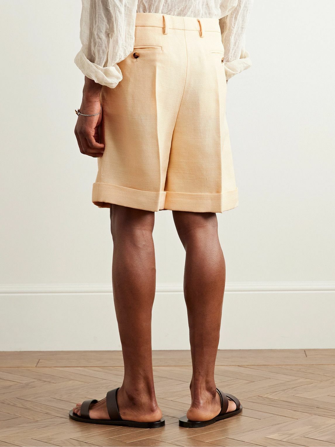 Valentino Garavani - Wide-Leg Pleated Canvas Shorts - Neutrals