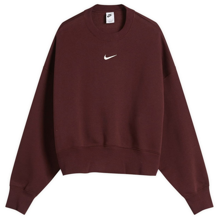 Photo: Nike Women's Phoenix Fleece Oversized Crewneck in Burgundy/Sail