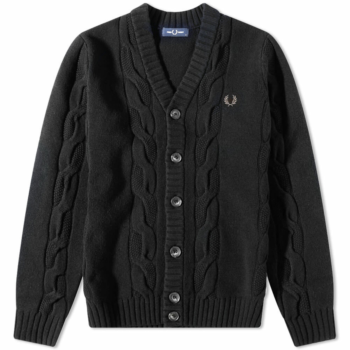 Fred Perry Men's Textured Cable Knit Cardigan in Black Fred Perry